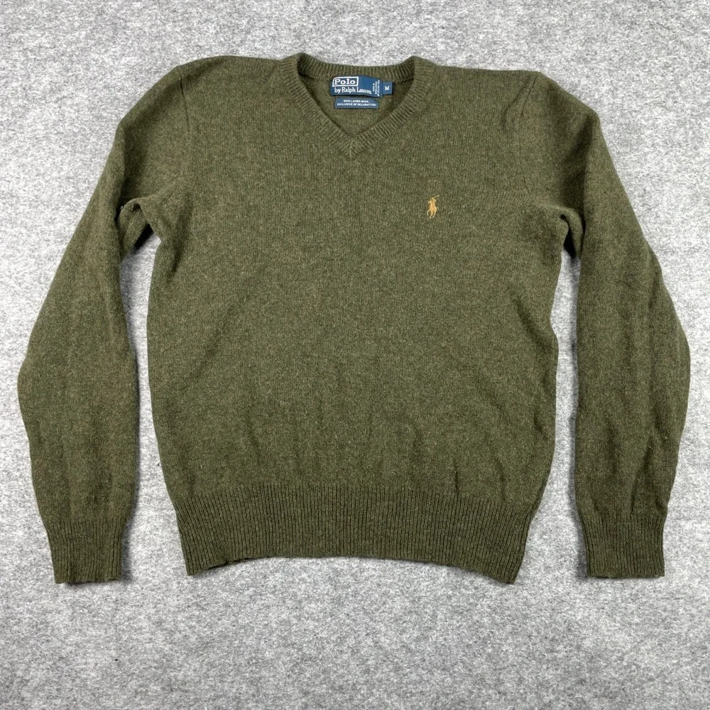 Polo Ralph Lauren Sweater Mens M Olive Green Lambswool V-Neck Knit Pony Pullover